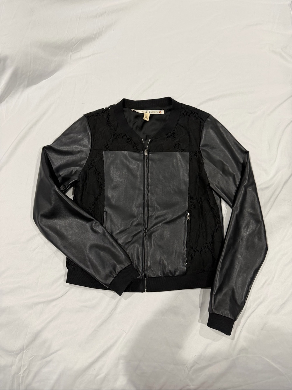 Chelsea & Violet Black Vegan Leather and Lace Bomber Jacket